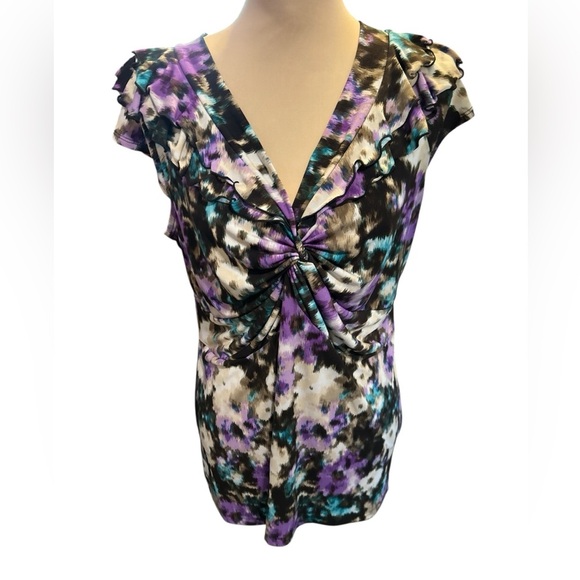 Christopher & Banks Women's Multicolor Gathered V-Neck Cap Short Sleeve Top Sz L - Picture 1 of 9